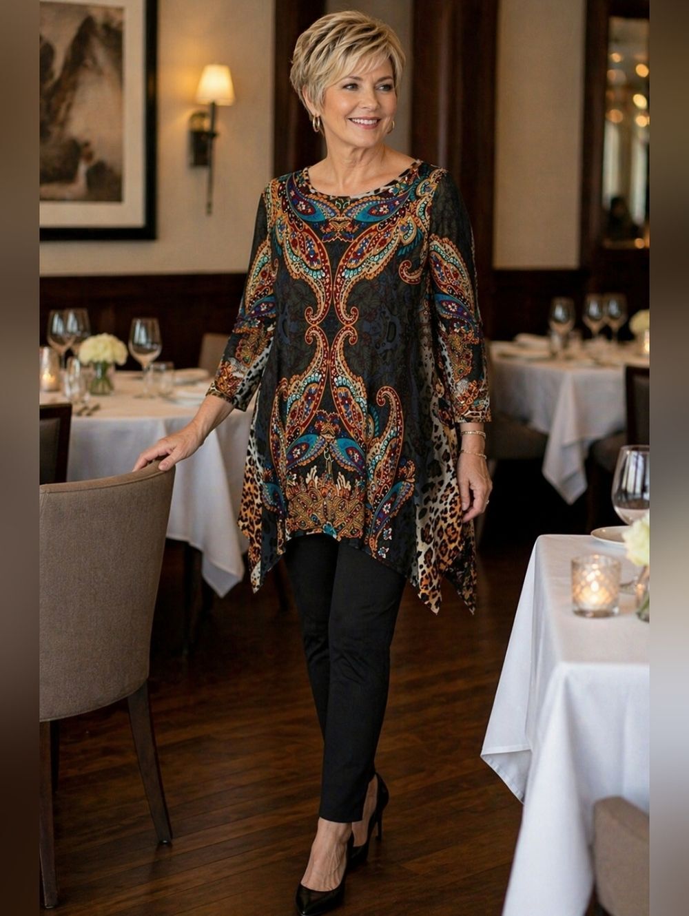 Patterned Animal Stretchy Pullover Scoop Neck White Mark Tunic Size L Date Night
